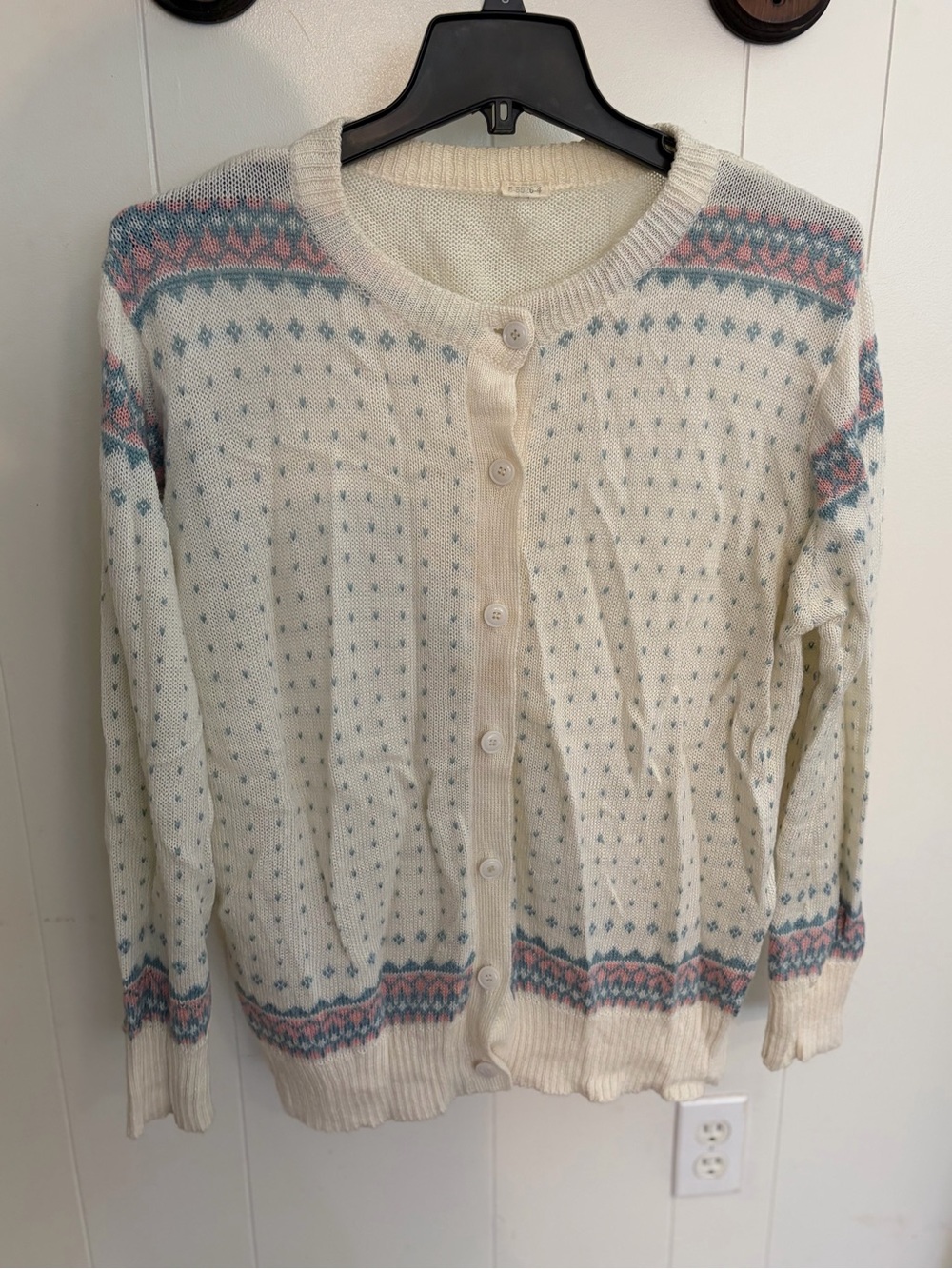 Source Unknown Cream Cardigan with Pink & Blue Fair Isle Accents